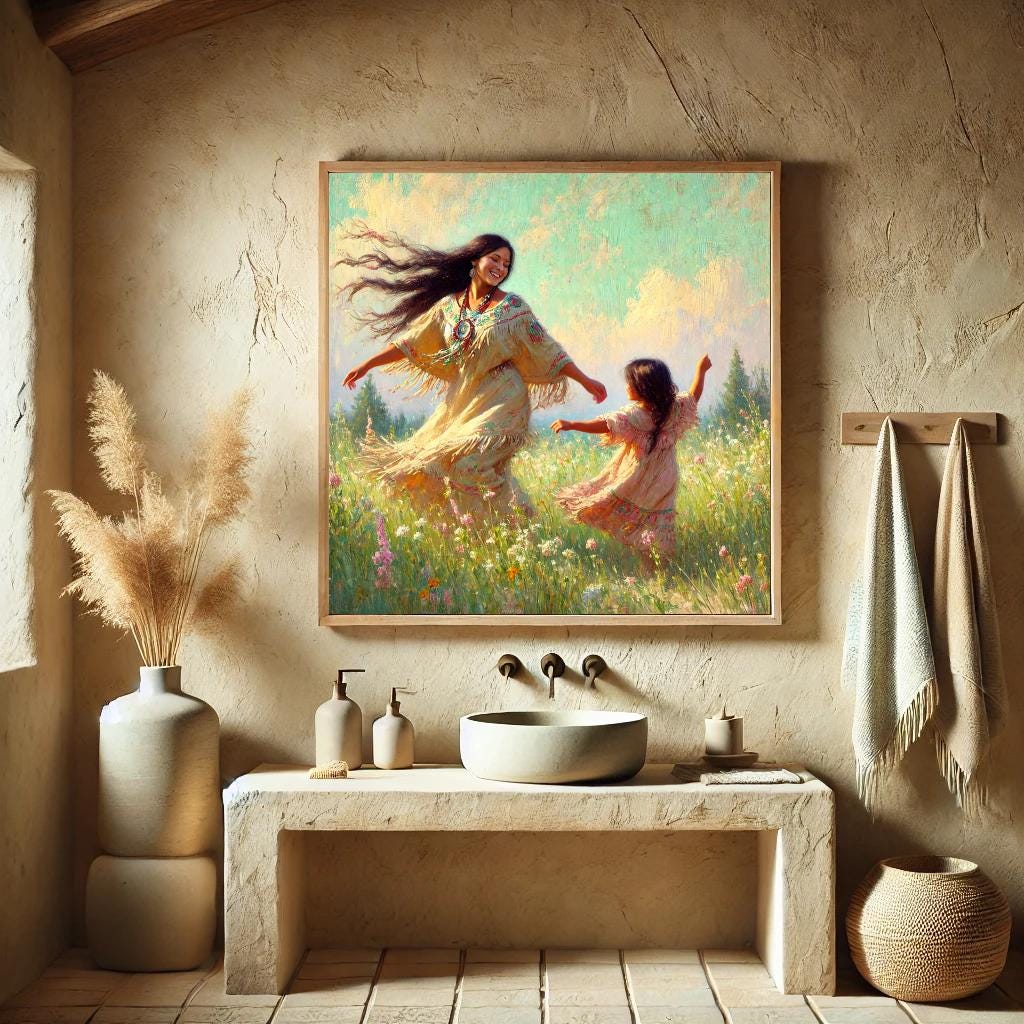 Oil Painting Mother Daughter Meadow Art Print, Boho Nursery Decor (Digital Download)