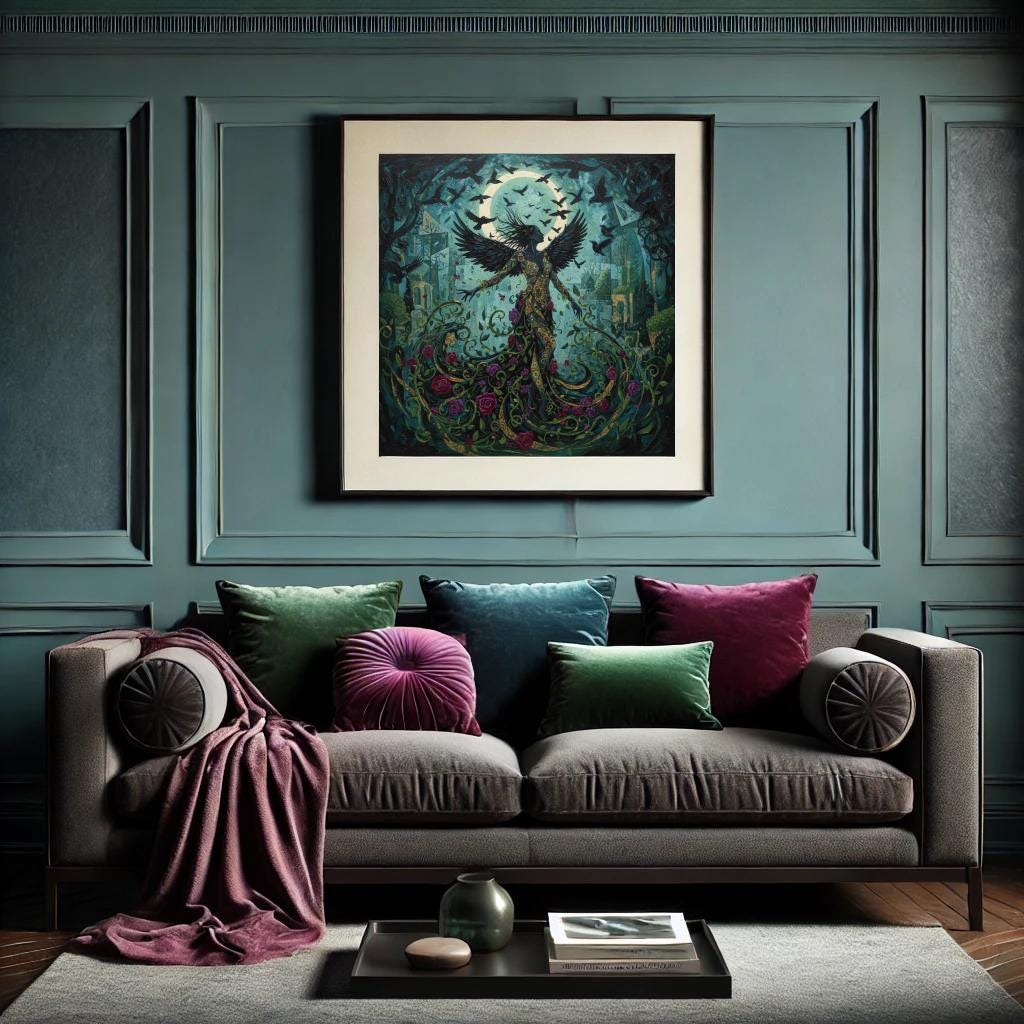 Morrigan Dark Forest Goddess Art: Moonlit Nature Spirit, Gothic Botanical Print (Digital Download)