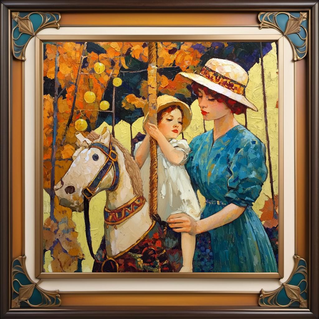 Vintage Carousel Oil Painting Print: Mother Child Autumn Nostalgia (Digital Download)