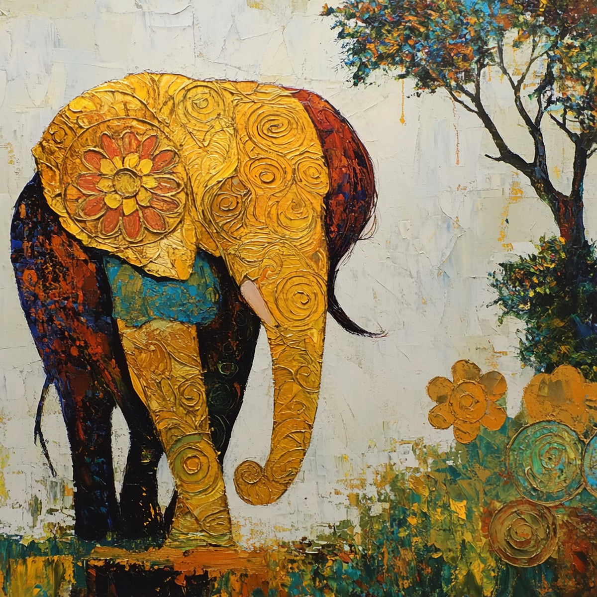 Golden Elephant Oil Painting Print: Klimt Inspired Whimsical Boho Wall Art (Digital Download)
