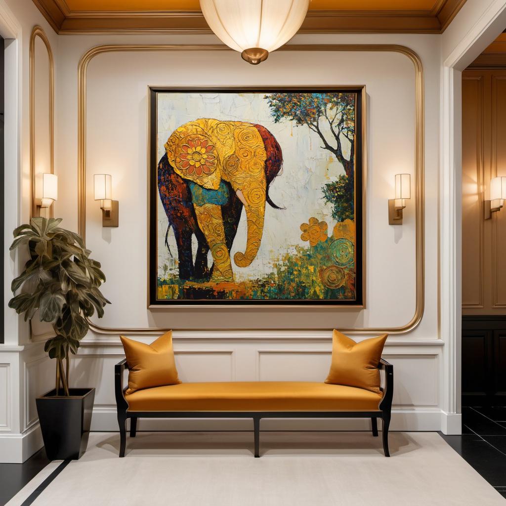 Golden Elephant Oil Painting Print: Klimt Inspired Whimsical Boho Wall Art (Digital Download)