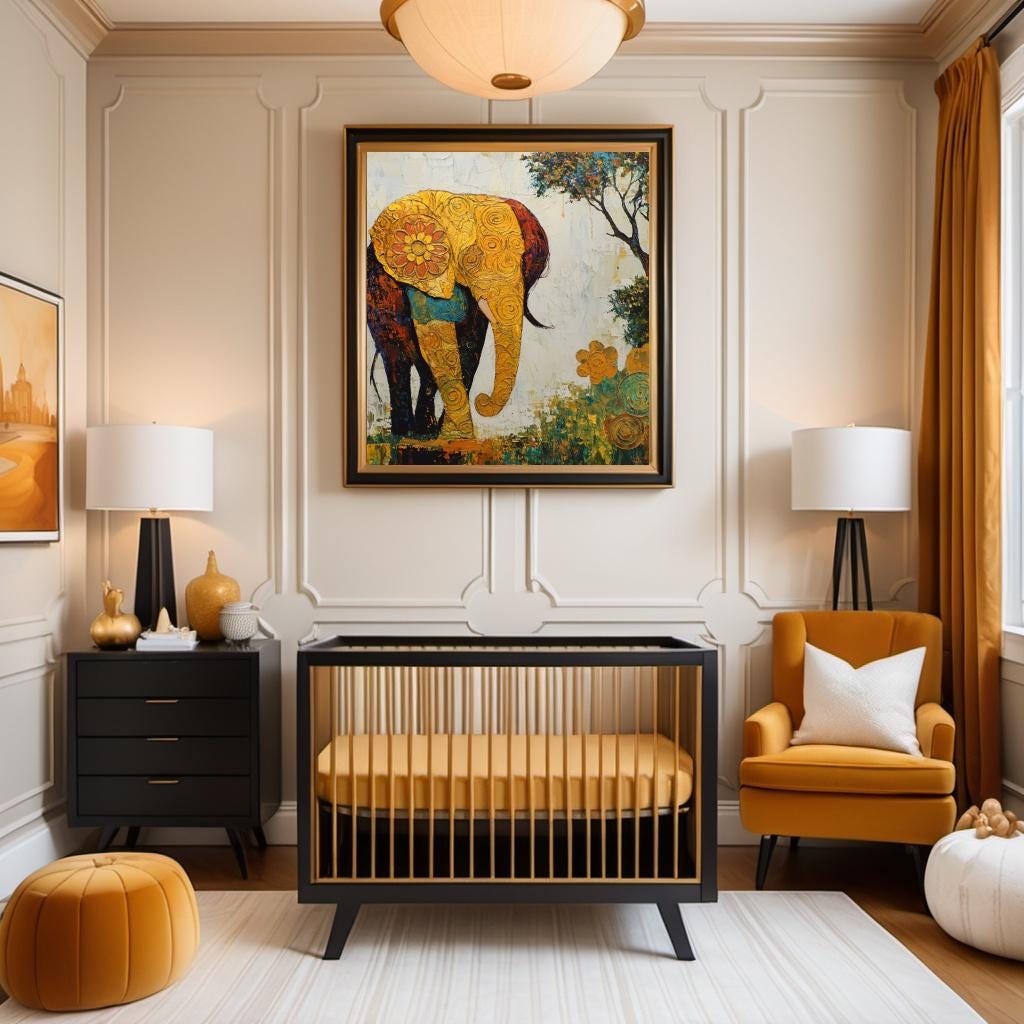 Golden Elephant Oil Painting Print: Klimt Inspired Whimsical Boho Wall Art (Digital Download)