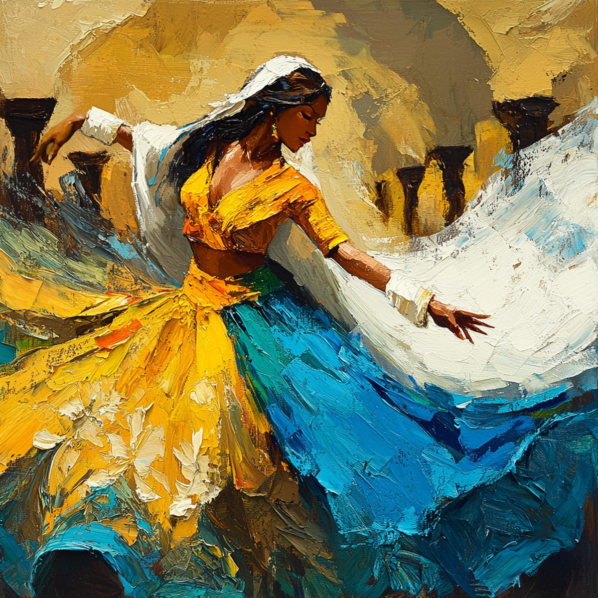 Klimt Inspired Impasto Oil Painting: Colorful Dancer Figure (Digital Download)