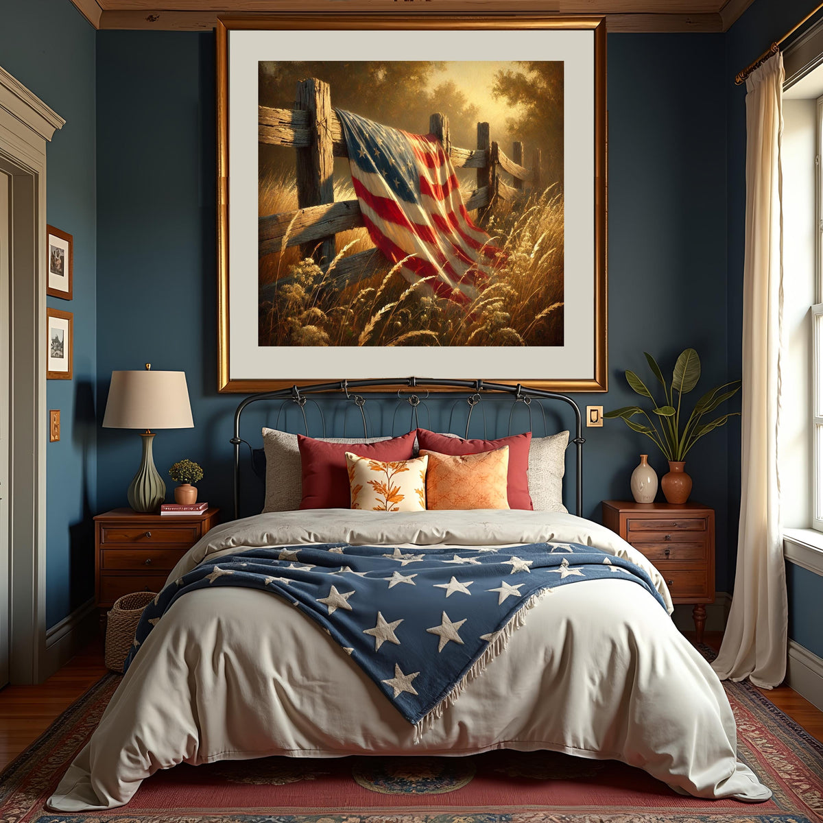 Rustic American Flag on Fence Vintage Patriotic Landscape Wall Art (Digital Download)