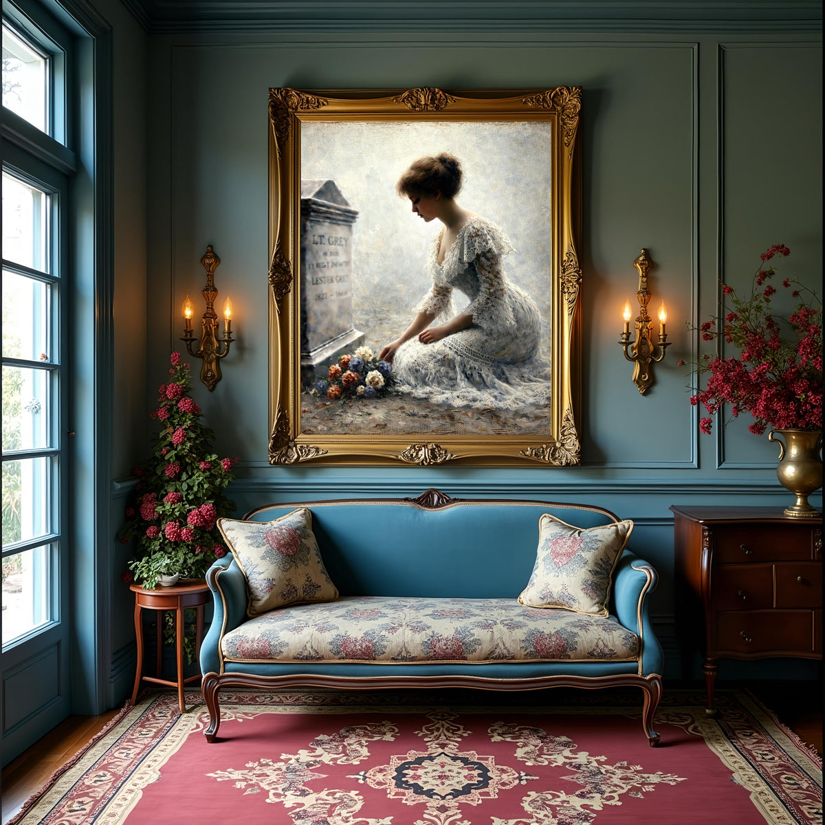 Mourning Woman at Grave Oil Painting Style Memorial Art (Digital Download)