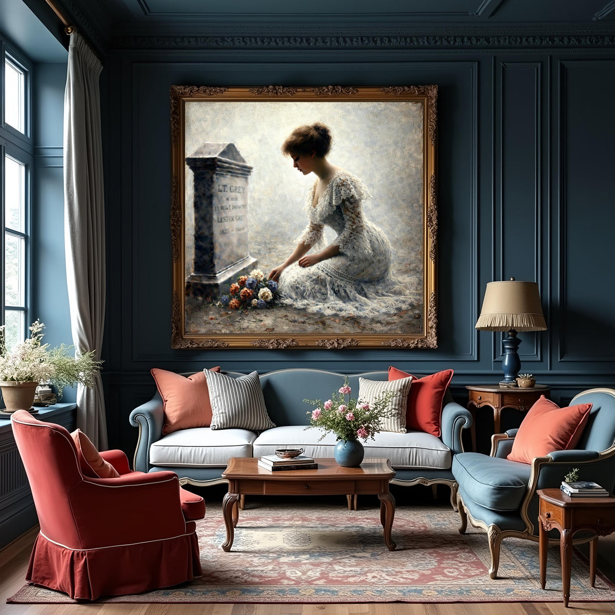 Mourning Woman at Grave Oil Painting Style Memorial Art (Digital Download)