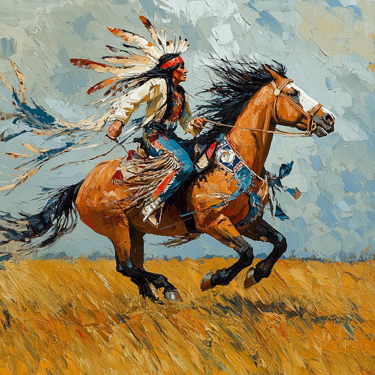 Ride Beneath Open Skies Vintage Western Horse Painting Digital Art Majestic Rider Wall Decor Symbolic Prairie Art
