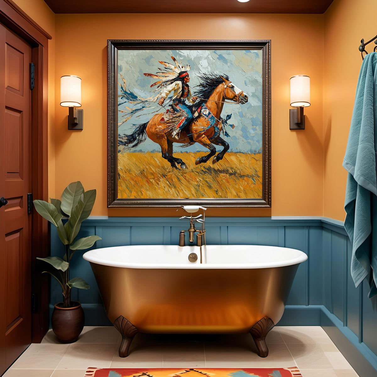 Ride Beneath Open Skies Vintage Western Horse Painting Digital Art Majestic Rider Wall Decor Symbolic Prairie Art