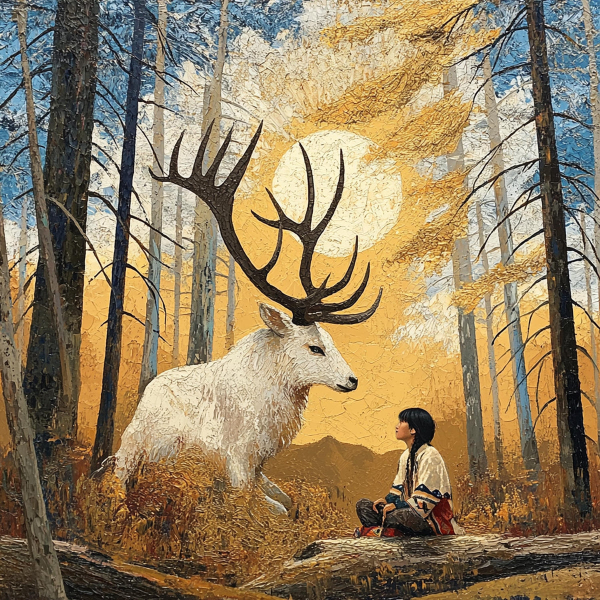 Vintage Storybook Art: White Stag Woodland Fantasy Painting (Digital Download)