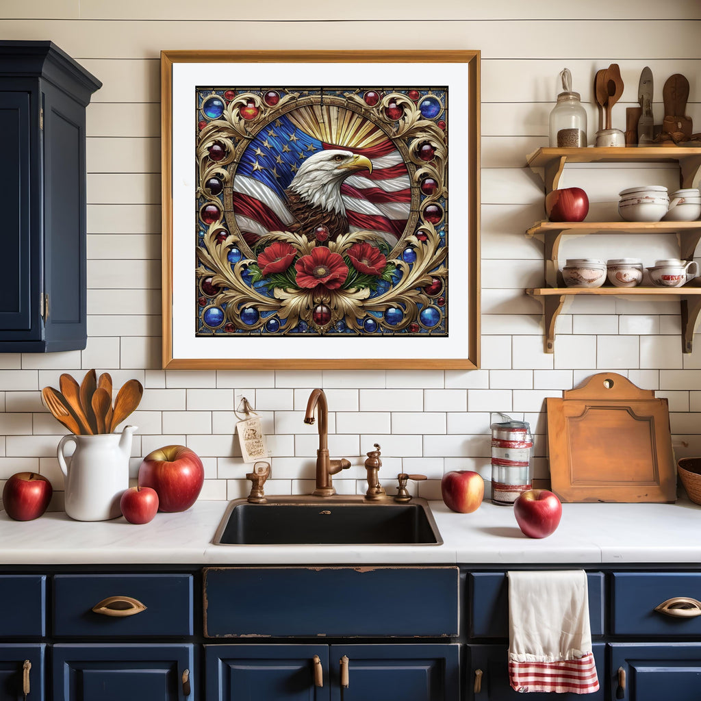 Bald Eagle Stained Glass Art: Vintage American Flag Poppies (Digital Download)