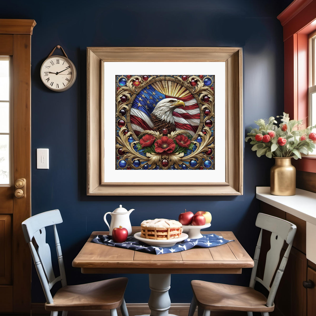 Bald Eagle Stained Glass Art: Vintage American Flag Poppies (Digital Download)