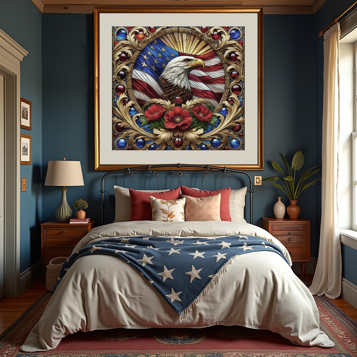 Bald Eagle Stained Glass Art: Vintage American Flag Poppies (Digital Download)