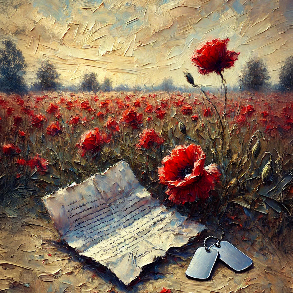 Poppy Field Remembrance Oil Painting: Soldier Dog Tags, Patriotic Wall Decor (Digital Art Download)