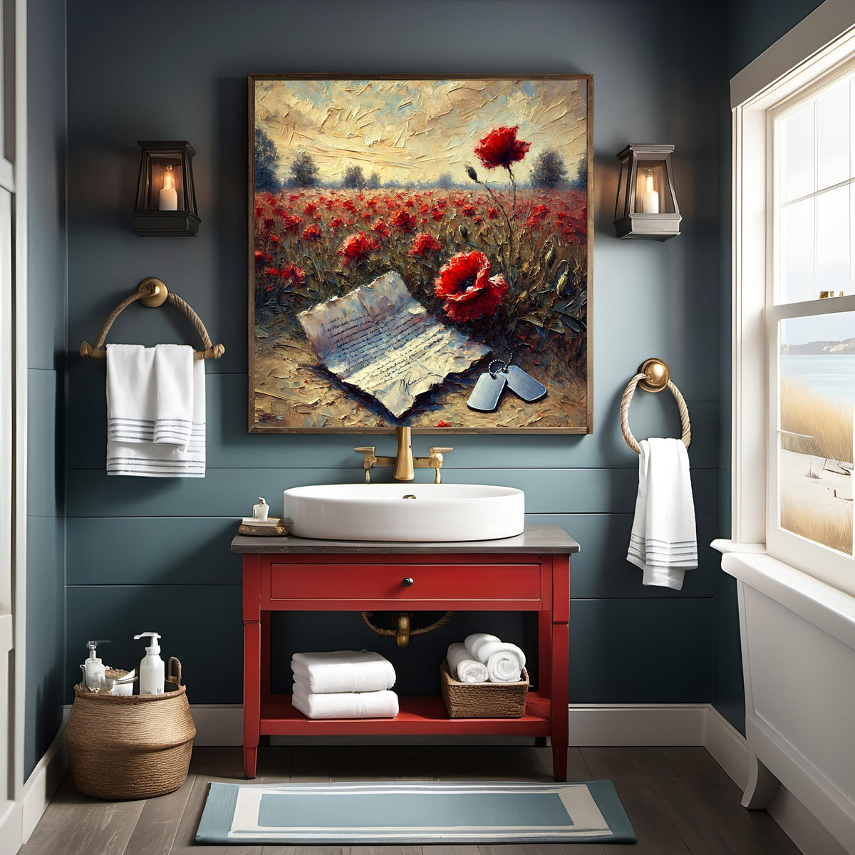 Poppy Field Remembrance Oil Painting: Soldier Dog Tags, Patriotic Wall Decor (Digital Art Download)