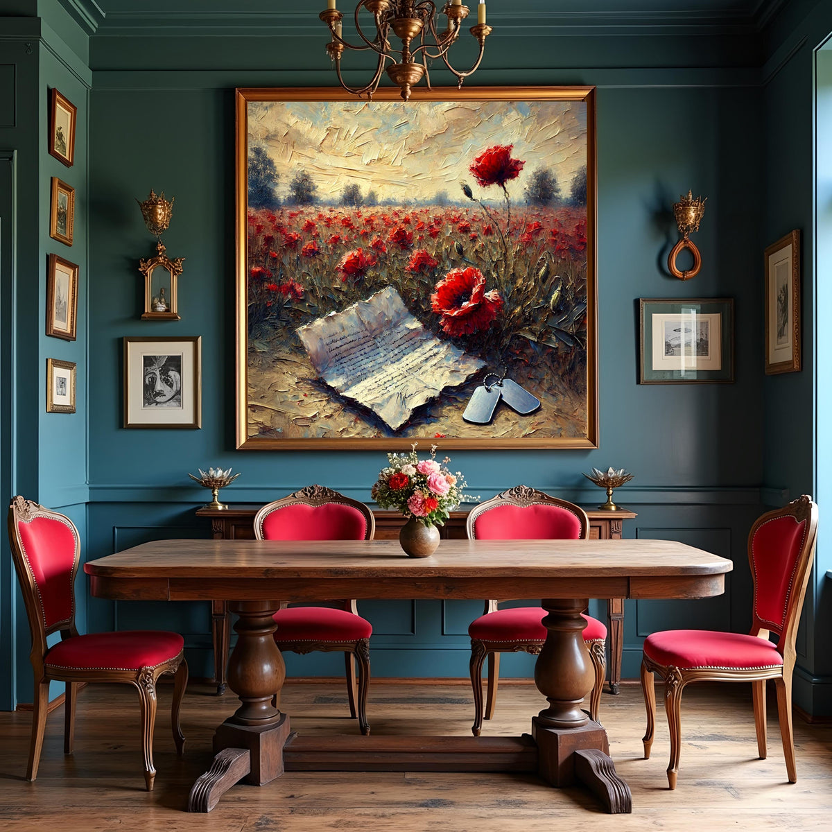 Poppy Field Remembrance Oil Painting: Soldier Dog Tags, Patriotic Wall Decor (Digital Art Download)
