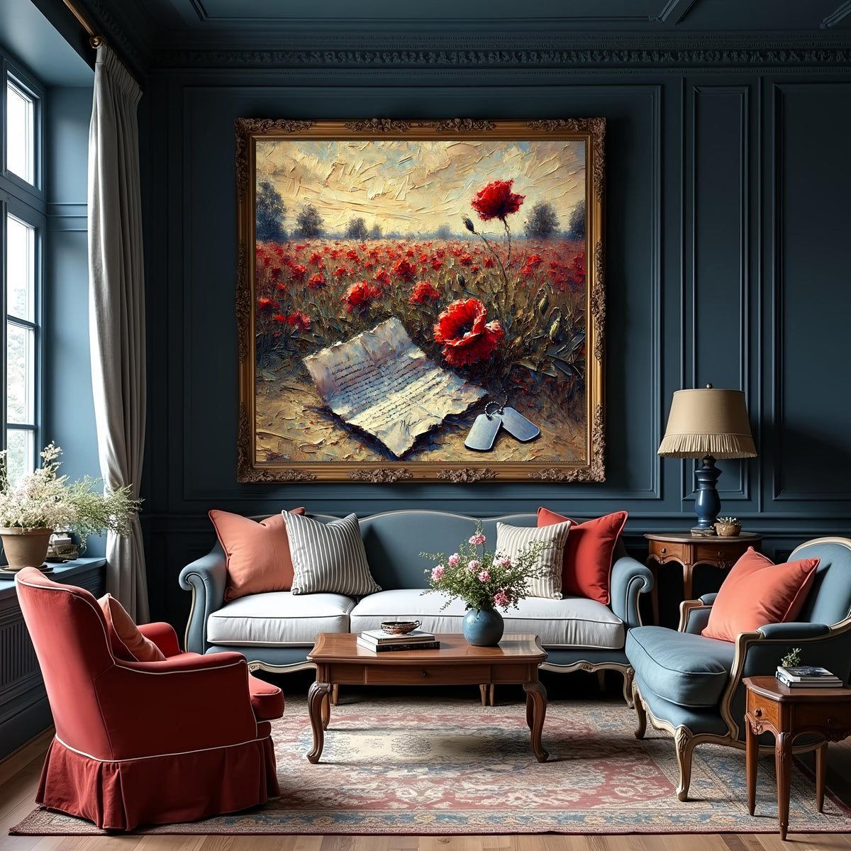 Poppy Field Remembrance Oil Painting: Soldier Dog Tags, Patriotic Wall Decor (Digital Art Download)