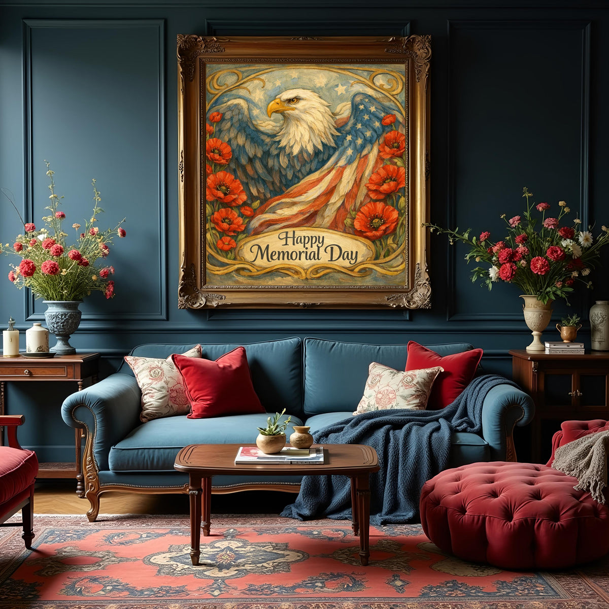 Vintage Eagle Poppy American Flag Oil Painting (Digital Art)
