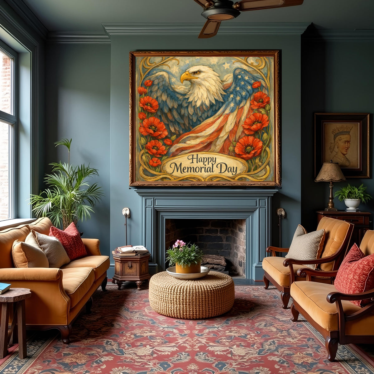 Vintage Eagle Poppy American Flag Oil Painting (Digital Art)