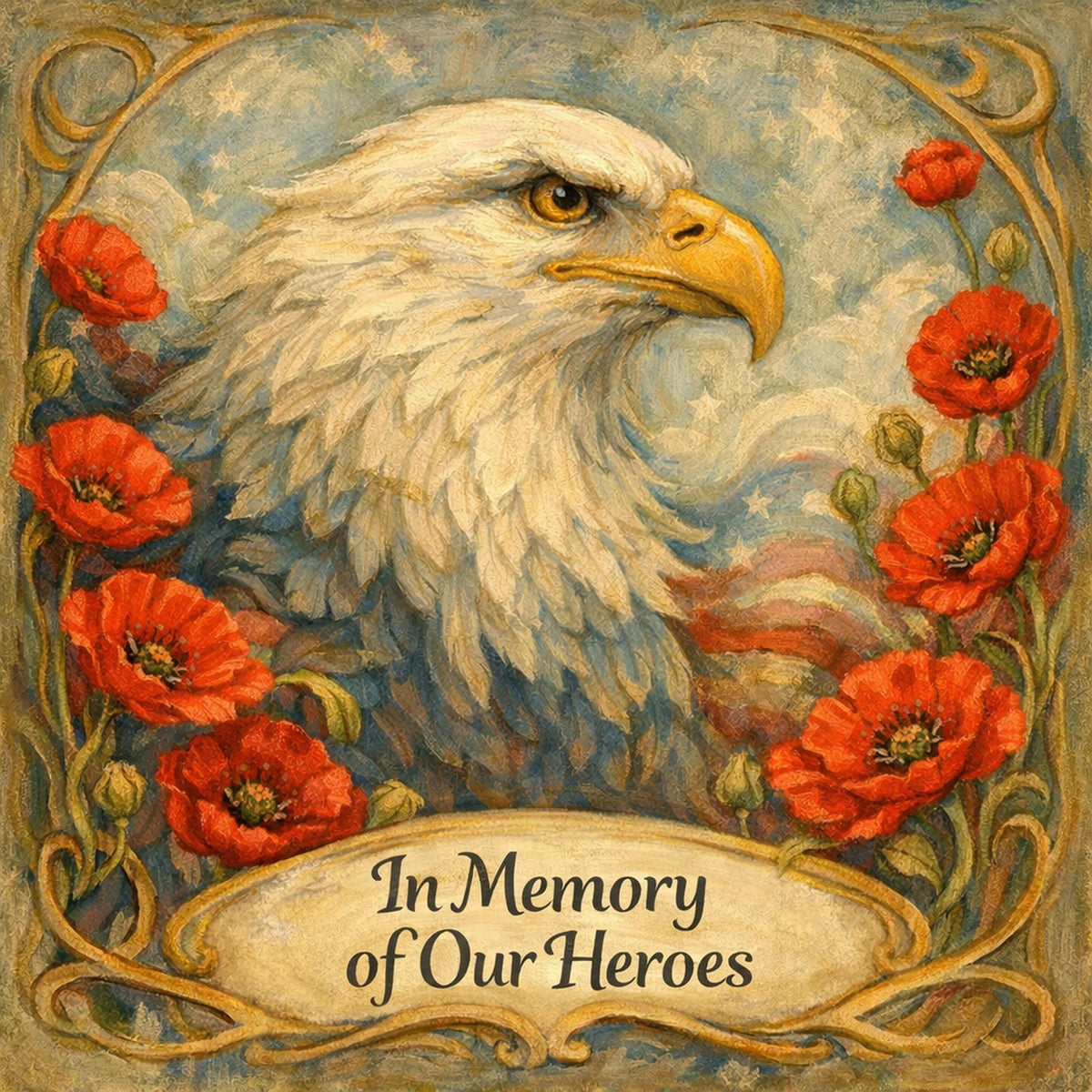 Patriotic Eagle Poppy Oil Painting Remembrance Art (Digital Download)