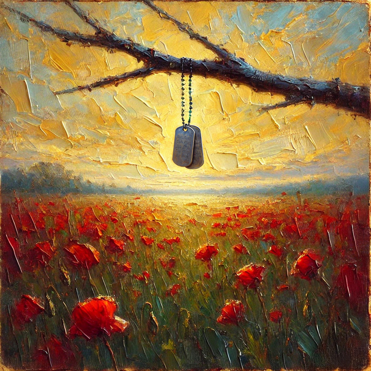 Poppy Field Sunset Oil Painting: Dog Tags Remembrance Wall Decor (Digital Art Download)