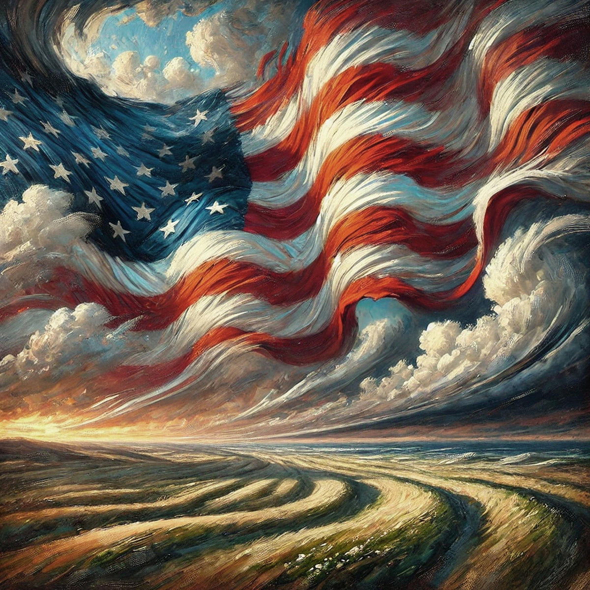 American Flag Sky Landscape Oil Painting (Digital Download) – Patriotic Americana Artwork