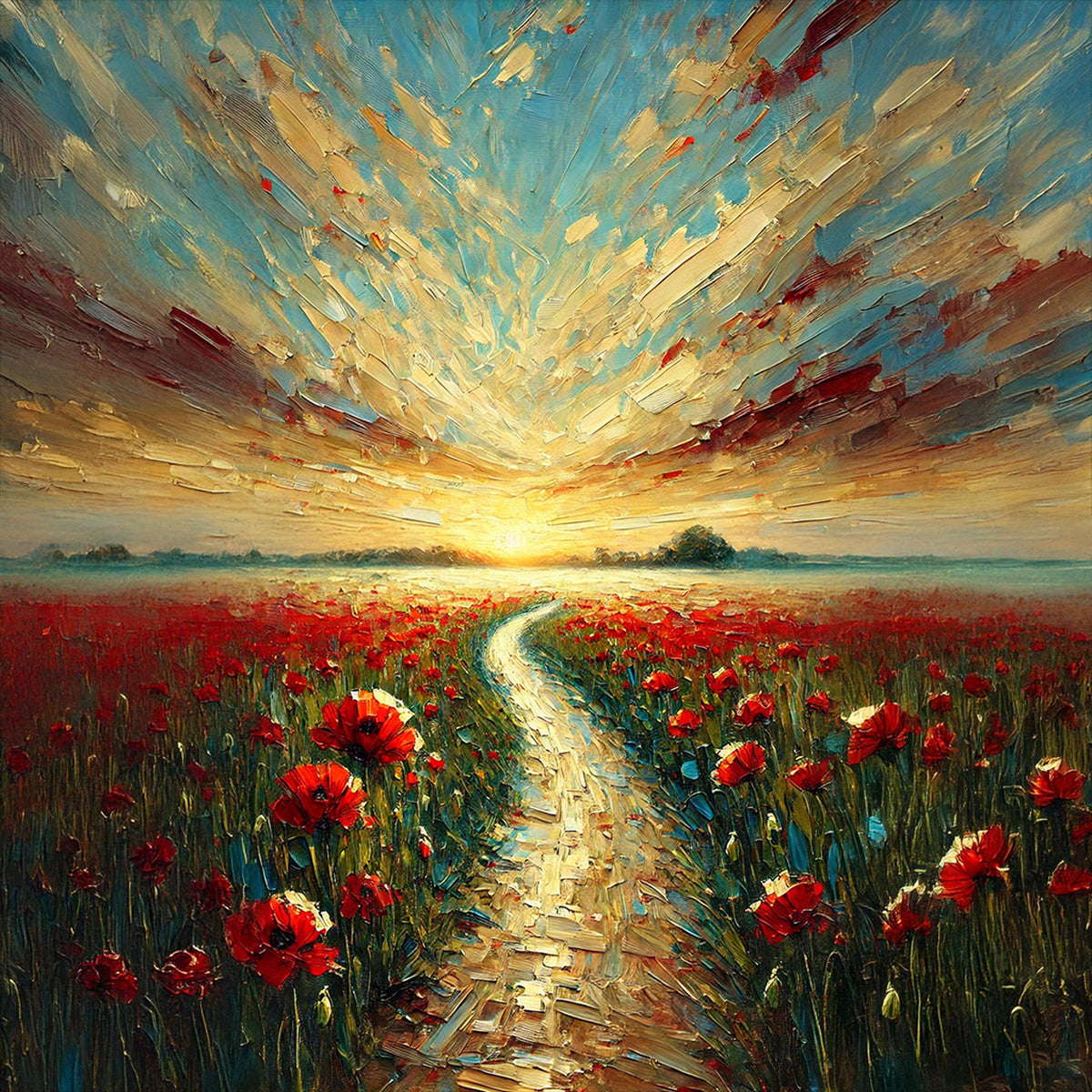 Poppy Field Sunrise Oil Painting: Memorial Day Path (Digital Download)