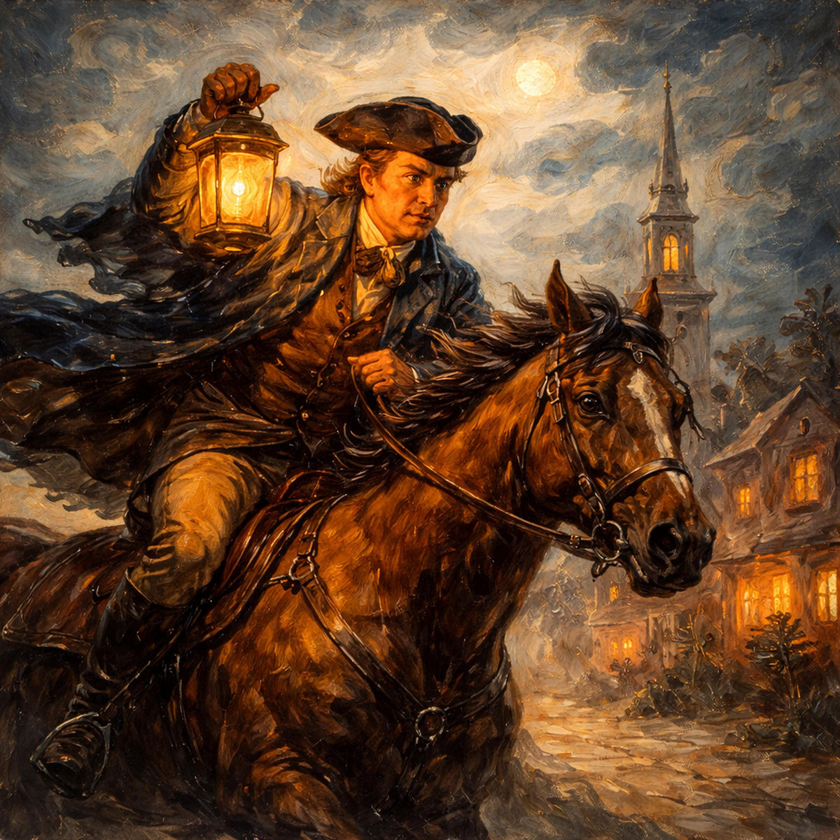 American Revolution Lantern Rider Painting: Historical Horse Night Scene Wall Art (Digital Download)