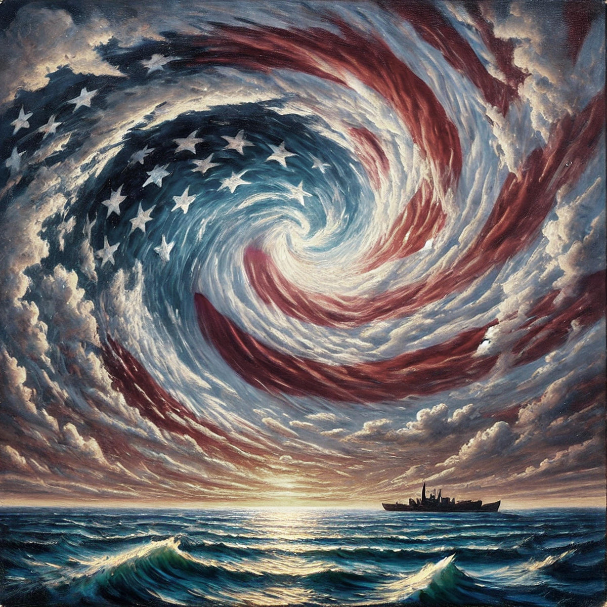American Flag Ocean Storm Naval Ship Oil Painting (Digital Download)