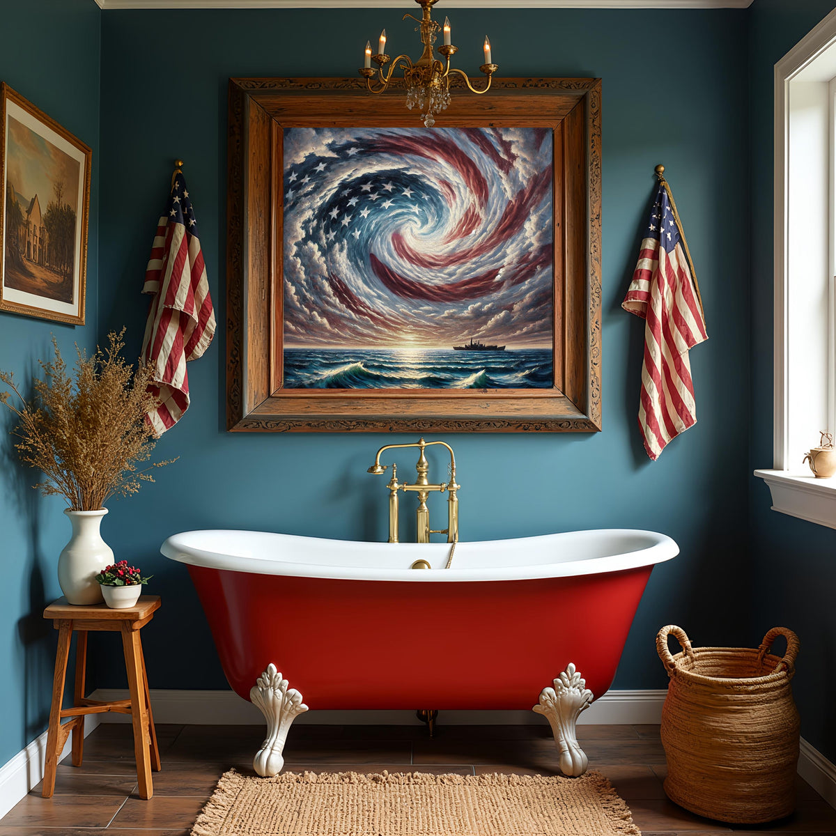 American Flag Ocean Storm Naval Ship Oil Painting (Digital Download)