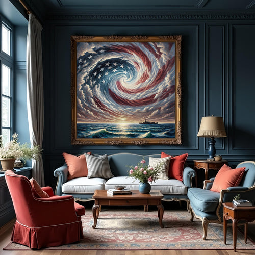 American Flag Ocean Storm Naval Ship Oil Painting (Digital Download)