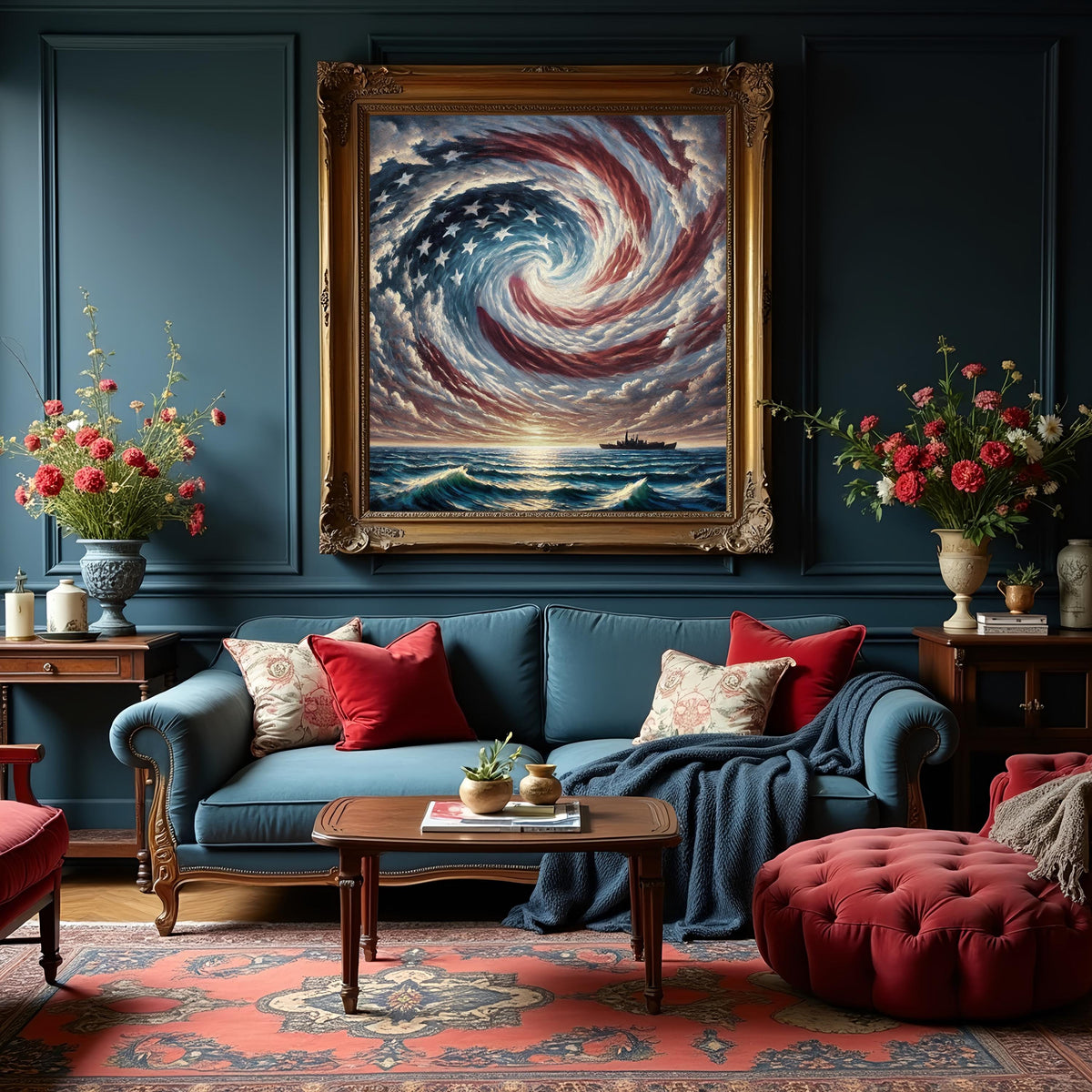 American Flag Ocean Storm Naval Ship Oil Painting (Digital Download)