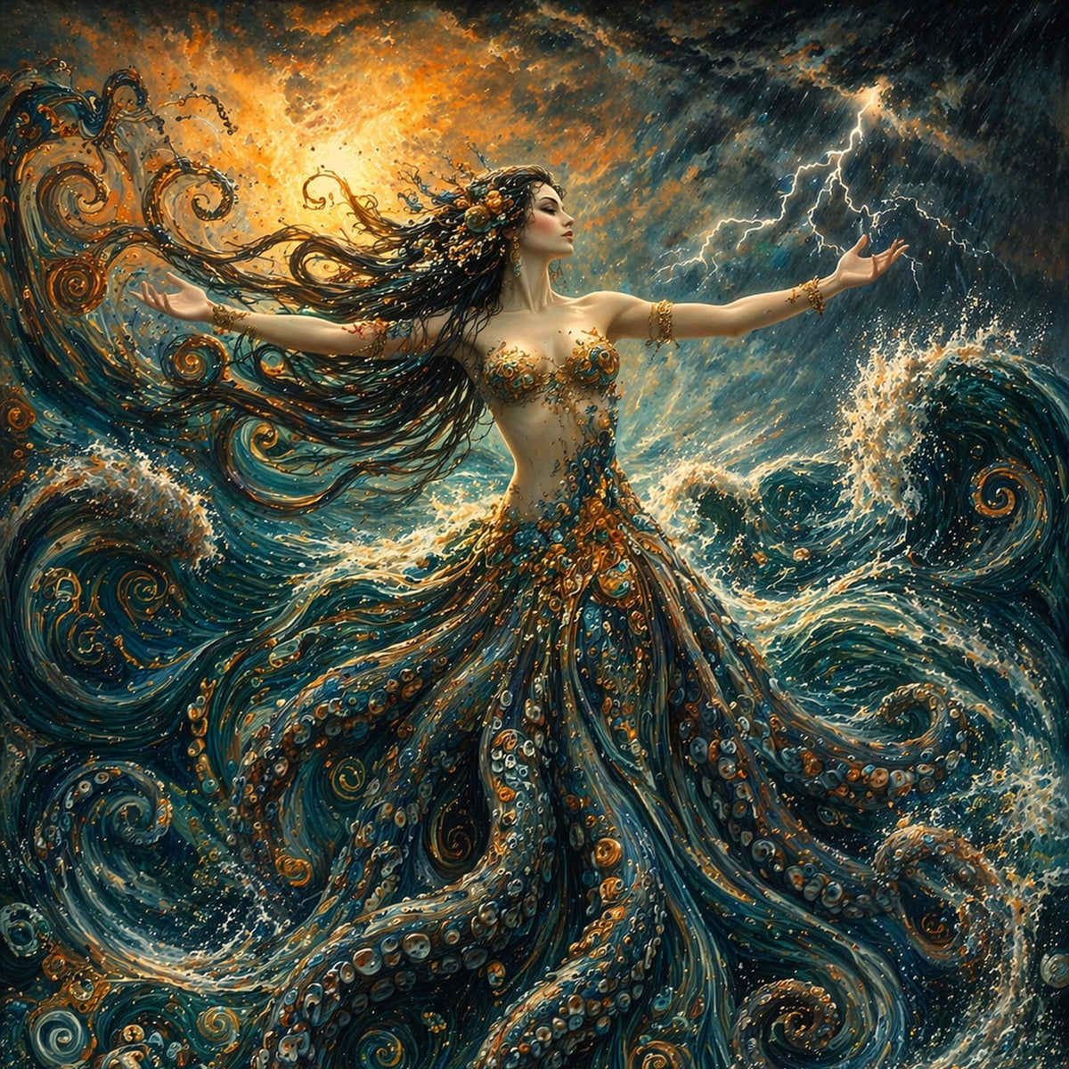 Ocean Goddess Storm Fantasy Oil Painting Mermaid Wall Decor (Digital Download)