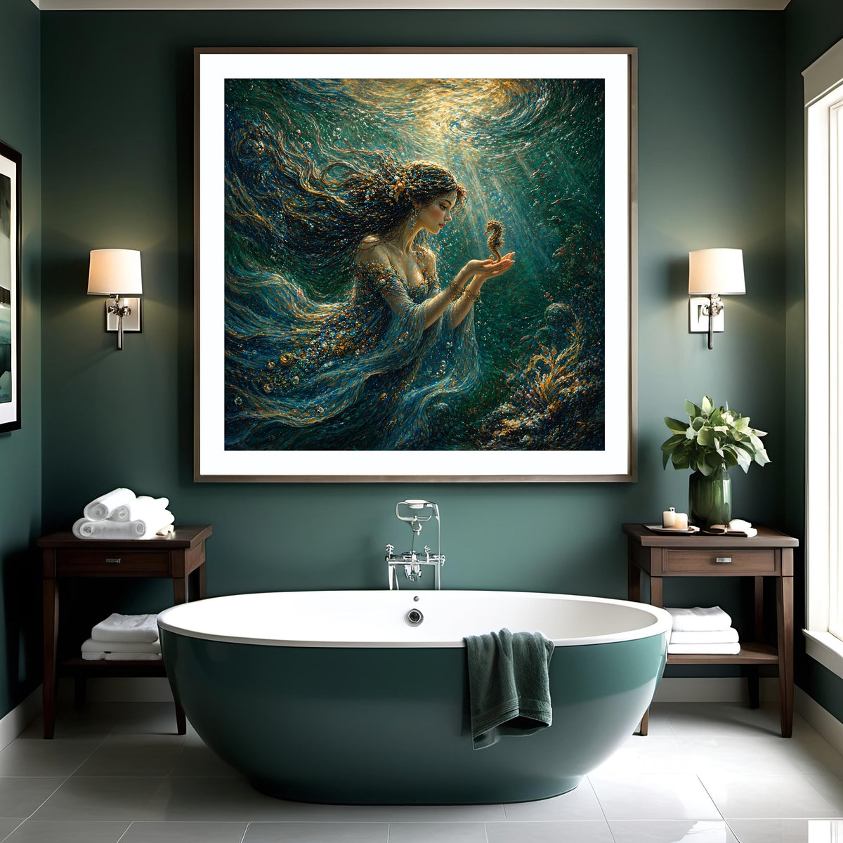 Vintage Ocean Siren Seahorse Art: Underwater l Fantasy Woman Ocean Goddess Painting Digital Art Wall Decor (Digital Download)