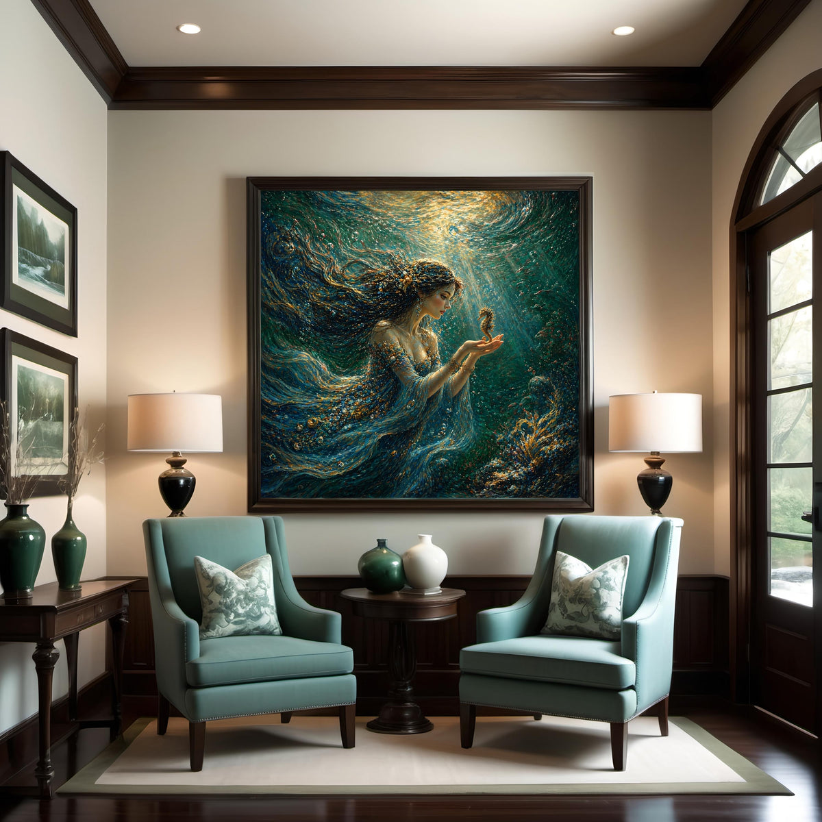 Vintage Ocean Siren Seahorse Art: Underwater l Fantasy Woman Ocean Goddess Painting Digital Art Wall Decor (Digital Download)