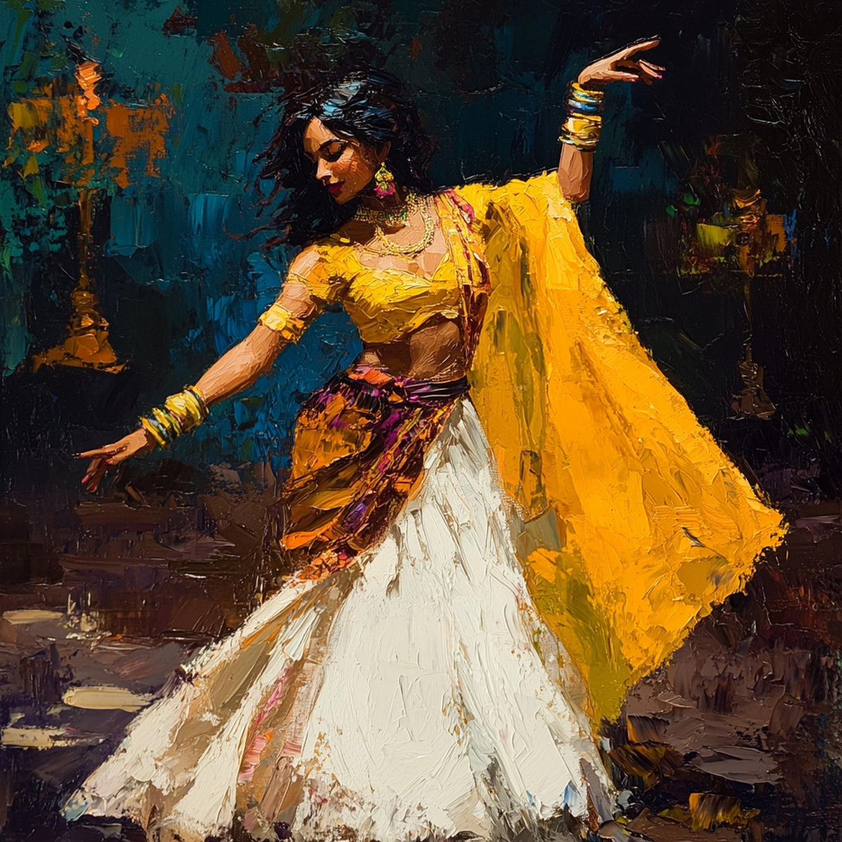 Dance of Golden Fire Vintage Oil Painting Digital Art Elegant Dancer Wall Decor Romantic Gift for Her Colorful Vintage Home Decor