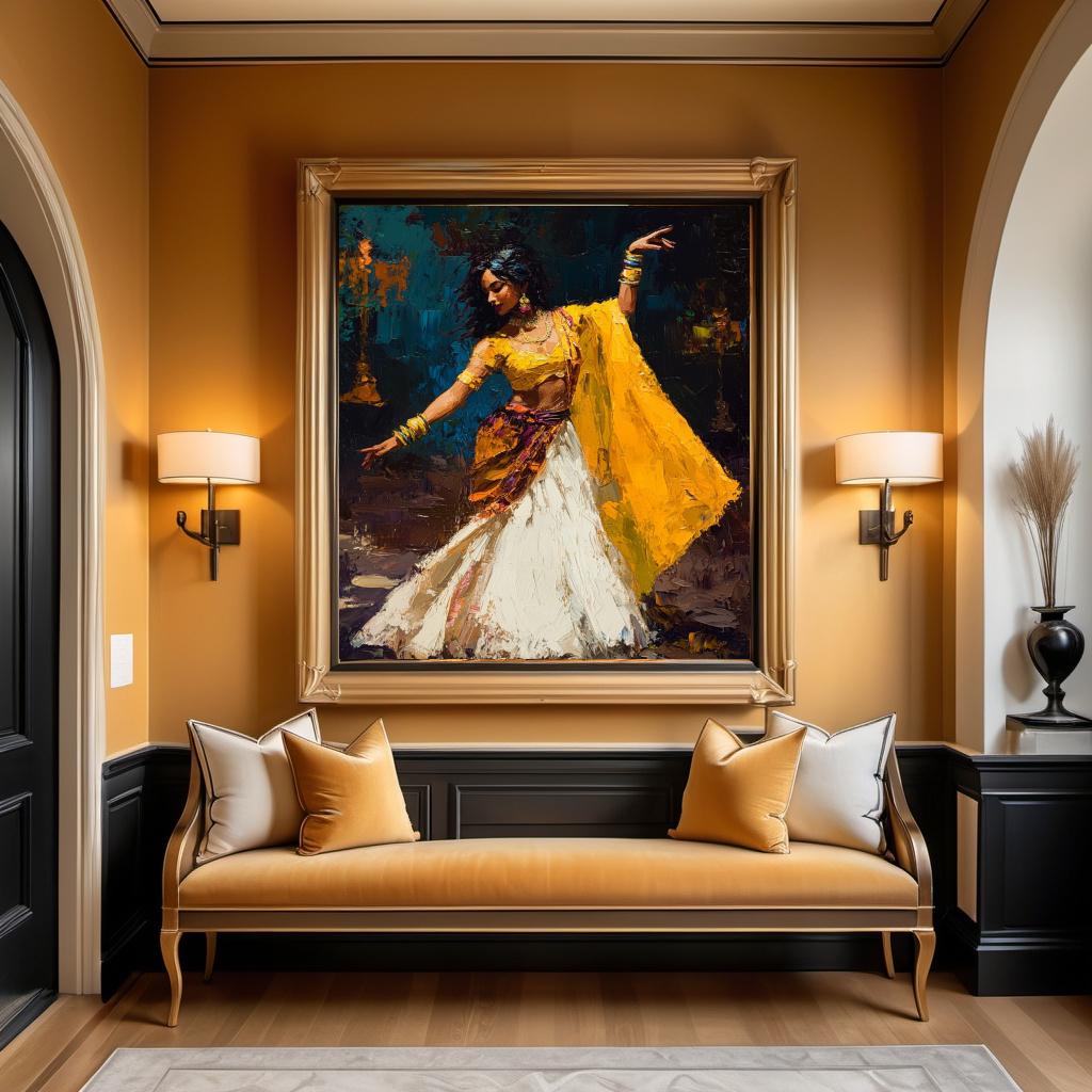 Dance of Golden Fire Vintage Oil Painting Digital Art Elegant Dancer Wall Decor Romantic Gift for Her Colorful Vintage Home Decor