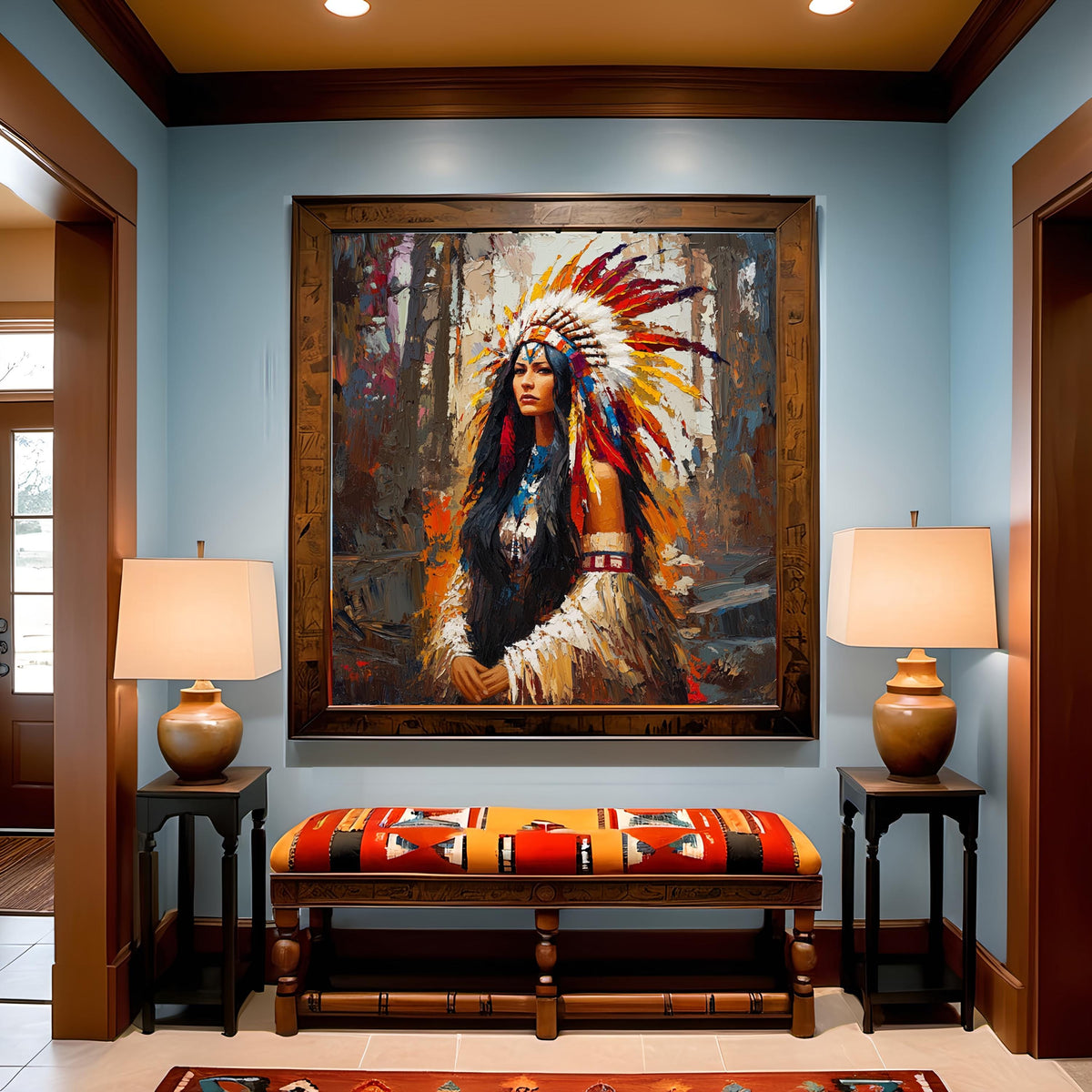 Keeper of Sacred Fire Vintage Inspired Portrait Digital Art Majestic Woman Wall Decor Symbolic Fine Art Oil Painting