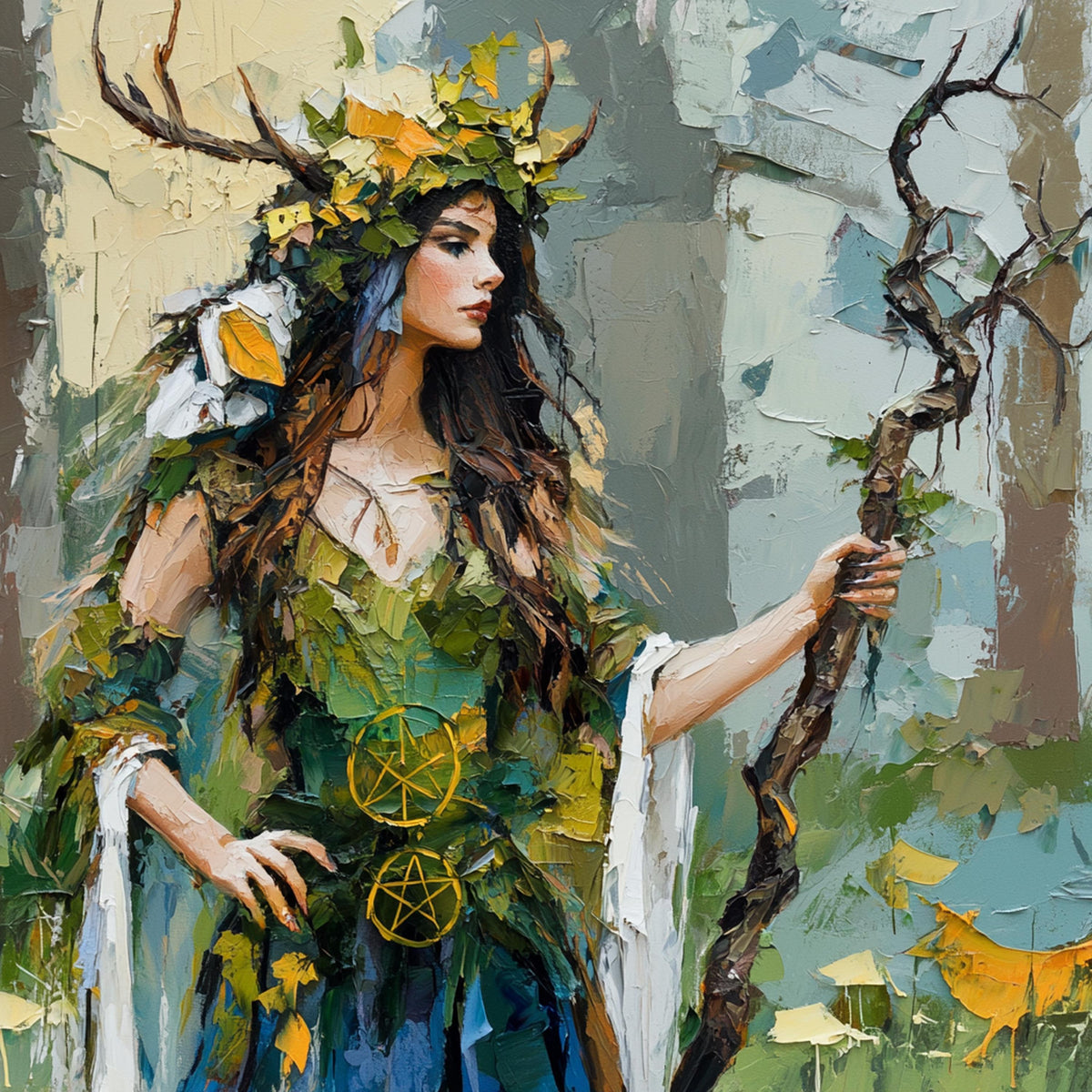 Keeper of the Green Veil Digital Art Oil Painting Forest Witch Wall Art Woodland Goddess Mystical Decor