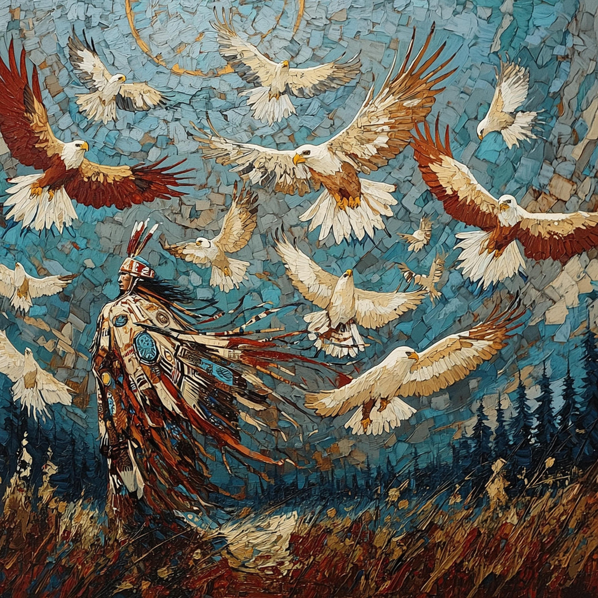When Eagles Gather Vintage Inspired Spirit Art Digital Art Eagle Wall Decor Majestic Sky Painting Symbolic Nature Art