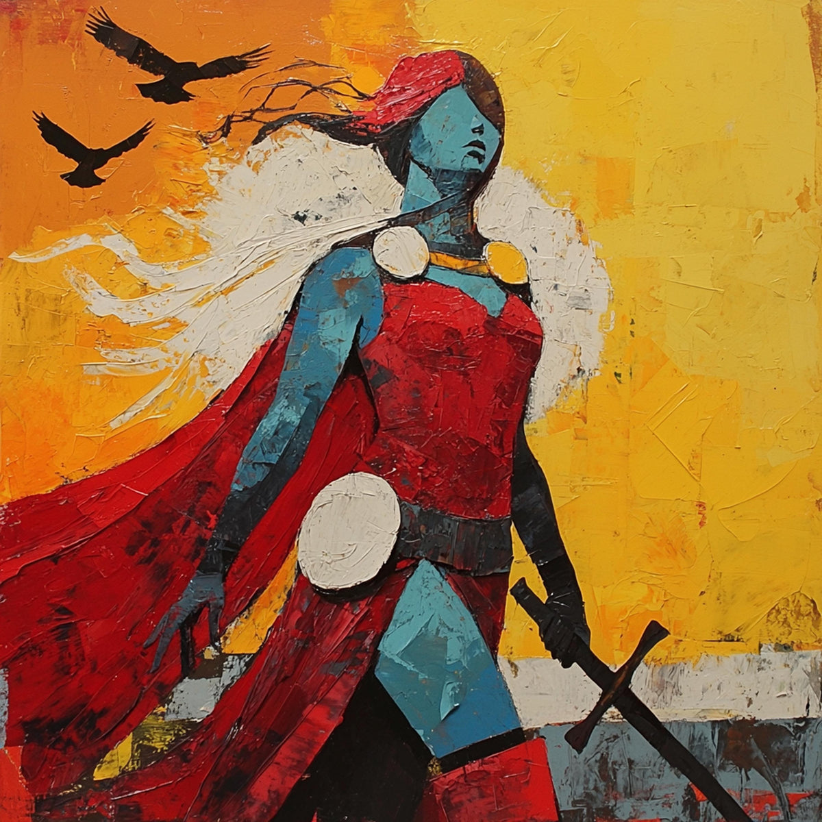 Crimson Sky Valkyrie Digital Art Oil Painting Fantasy Warrior Goddess Wall Art Bold Mythic Decor