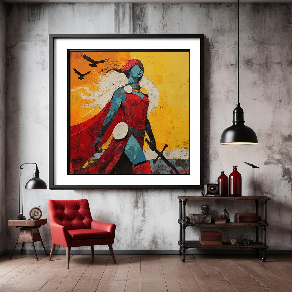 Crimson Sky Valkyrie Digital Art Oil Painting Fantasy Warrior Goddess Wall Art Bold Mythic Decor