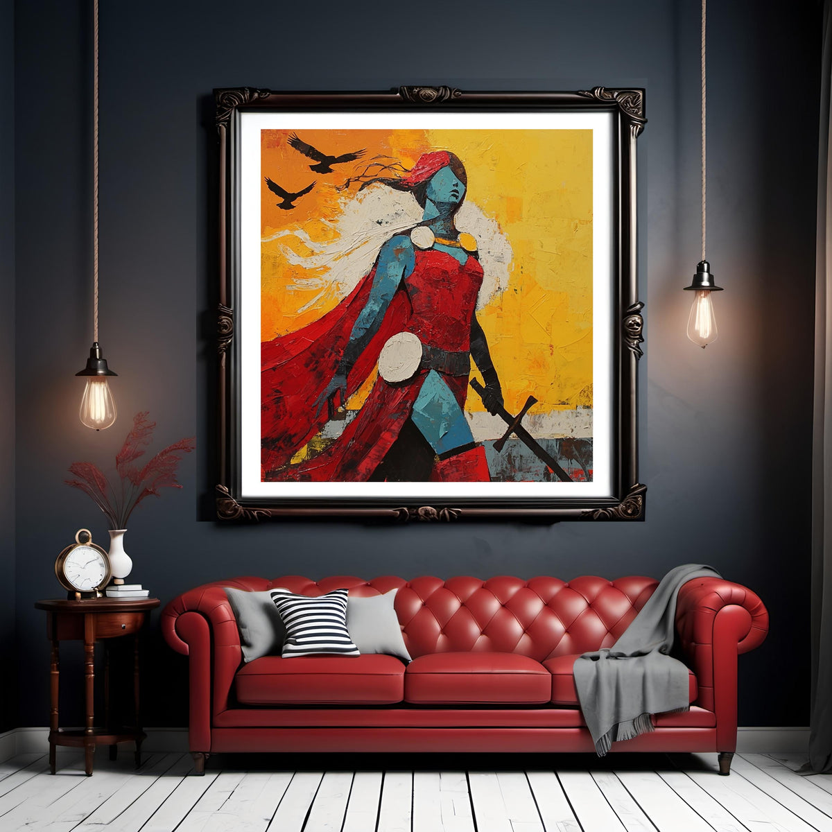 Crimson Sky Valkyrie Digital Art Oil Painting Fantasy Warrior Goddess Wall Art Bold Mythic Decor