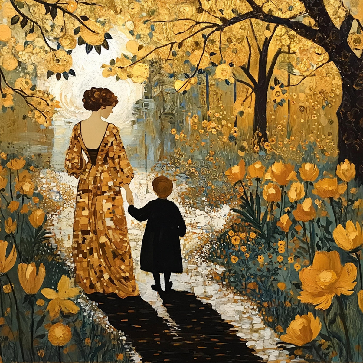 Mother Child Oil Painting Print: Golden Garden Family Love Wall Art (Digital Download)