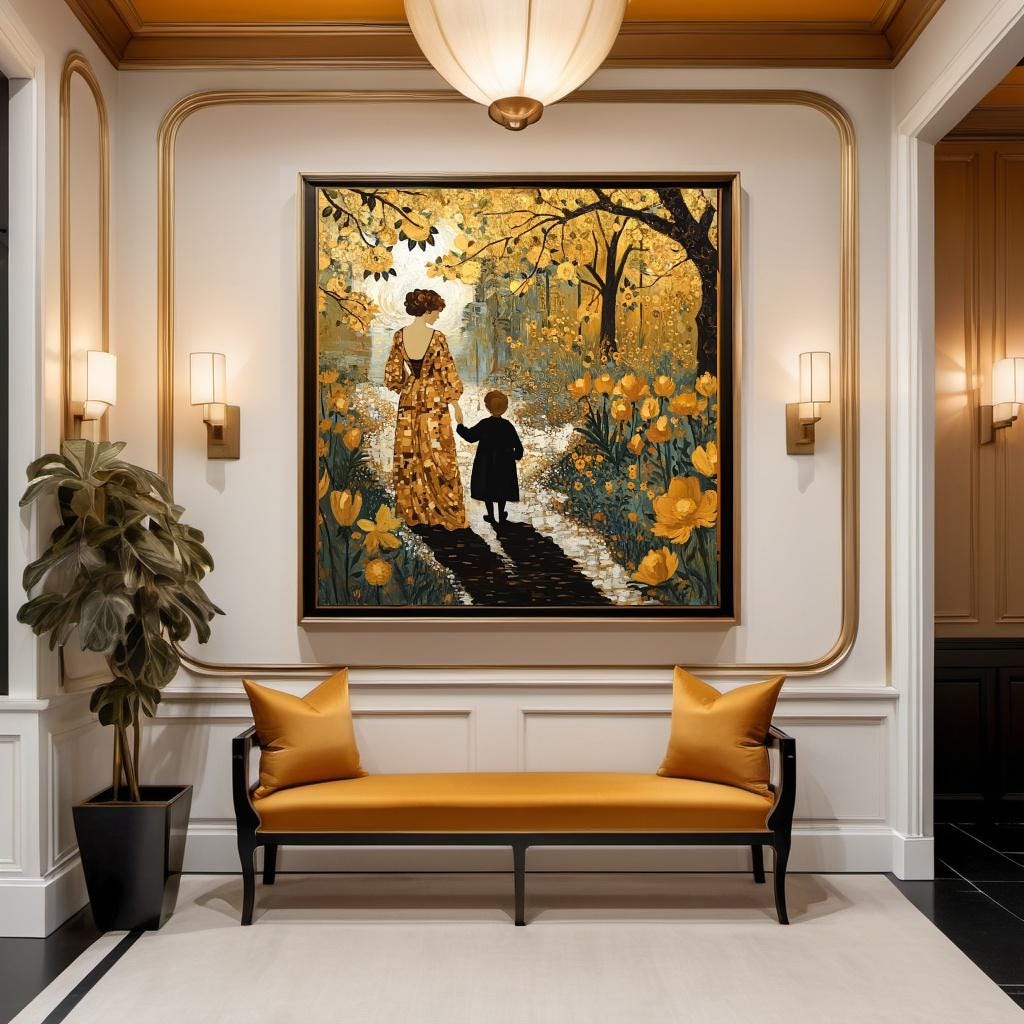 Mother Child Oil Painting Print: Golden Garden Family Love Wall Art (Digital Download)