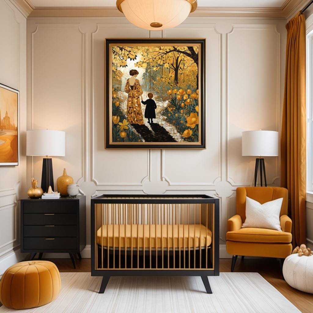 Mother Child Oil Painting Print: Golden Garden Family Love Wall Art (Digital Download)
