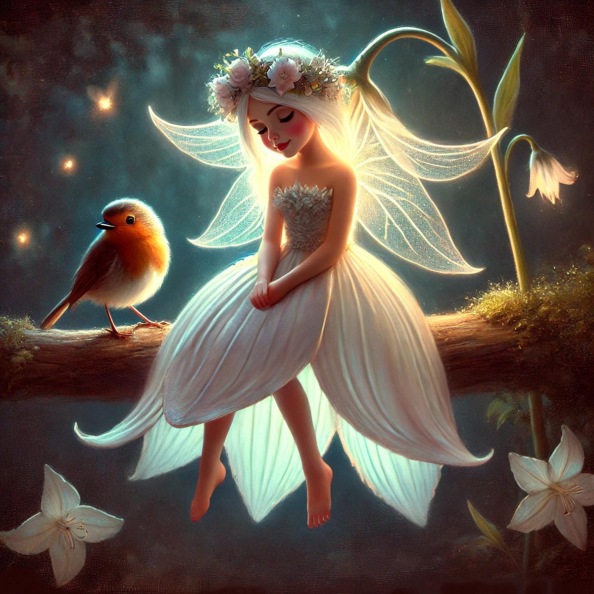 Petal Sprite Painting: Whimsical Fairy Robin Wall Art (Digital Download)