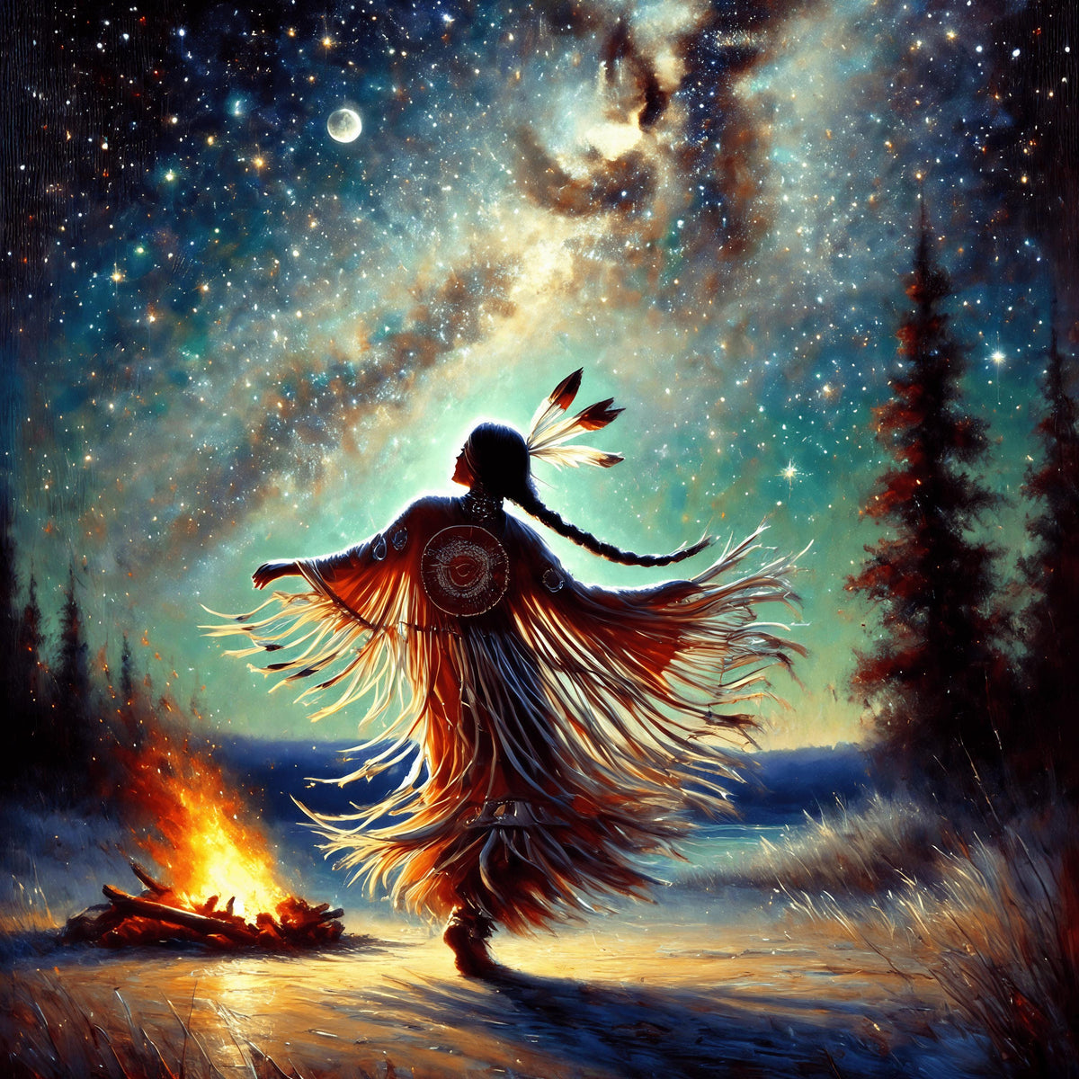 Native American Moonlight Dance Art Print: Tribal Campfire (Digital Download)