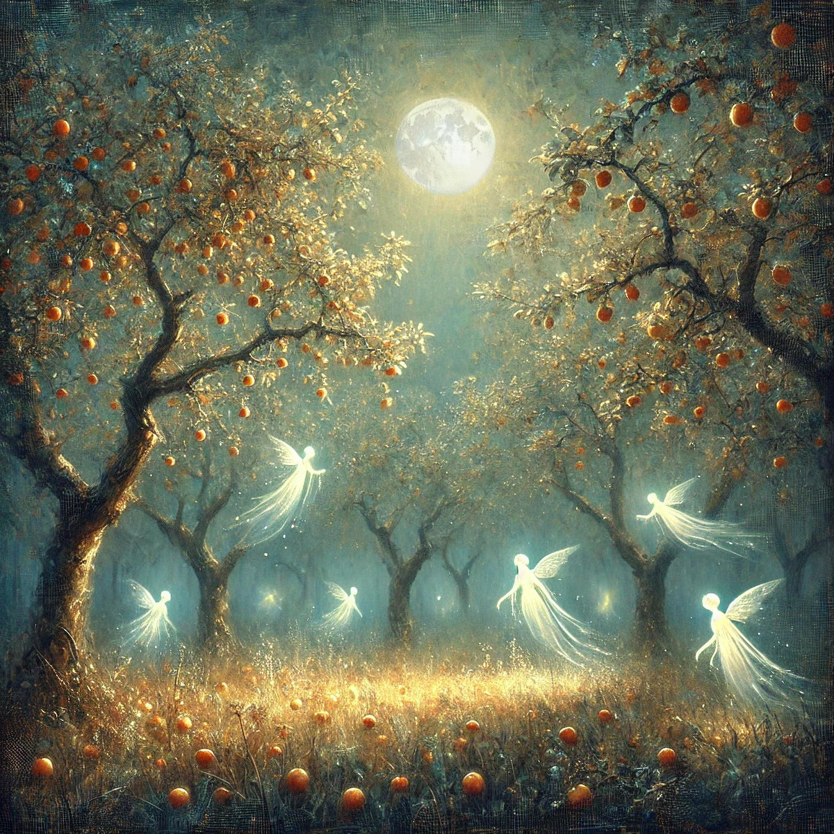 Moonlit Orchard Fairies Print: Vintage Oil Painting Fantasy Autumn Wall Decor (Digital Download)