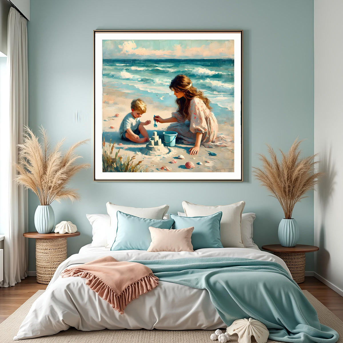 Mother and Son Sandcastle Beach Art Print: Summer Coastal Decor (Digital Download)