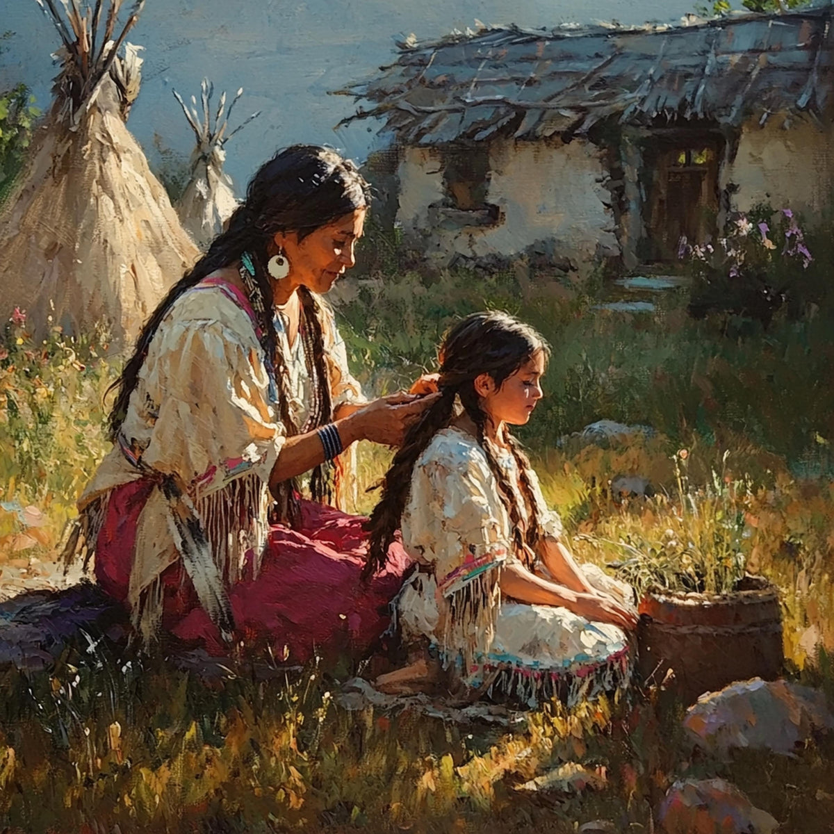 Mother Daughter Heritage Oil Painting Print: Warm Vintage Family Scene (Digital Download)